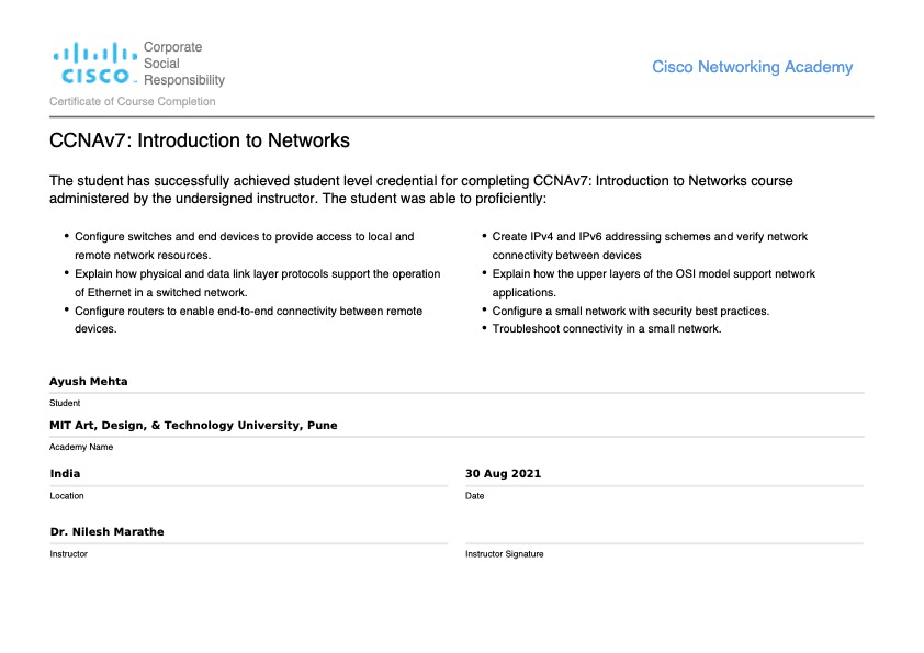 CCNAv7: Introduction to Networks certificate preview