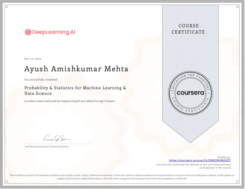 Probability & Statistics for Machine Learning certificate preview